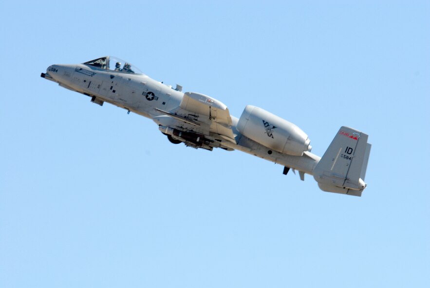 An A-10 Thunderbolt II pilot from the 190th Fighter Squadron, Idaho Air National Guard, pulls an A-10 out of a strafing run over the Sayler Creek Bombing Range near Boise, Idaho, Oct. 14 during Hawgsmoke 2010.  Hawgsmoke is a biennial A-10 bombing and gunnery competition that pits U.S. Air Force A-10 squadrons against one another.  The 190th FS won Hawgsmoke 2010 just as it did in 2008.  (U.S. Air Force photo/Lt. Col. David Kurle)