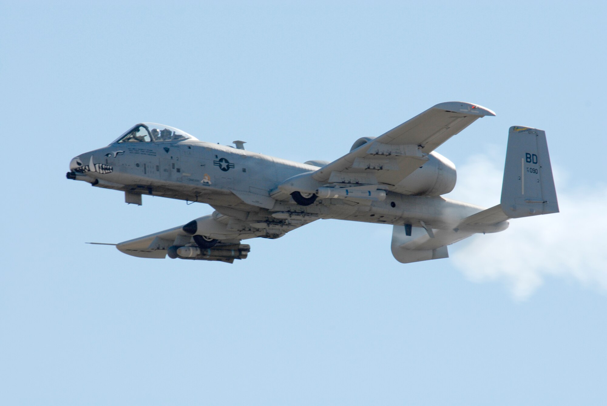 A pilot from the 47th Fighter Squadron, U.S. Air Force Reserve, fires the cannon on an A-10 Thunderbolt II from the 917th Wing over the Sayler Creek Bombing Range near Boise, Idaho, Oct. 14 during Hawgsmoke 2010.  Hawgsmoke is a biennial A-10 bombing and gunnery competition that pits U.S. Air Force A-10 squadrons against one another.  The Idaho Air National Guard's 190th Fighter Squadron won Hawgsmoke 2010 just as it did in 2008.  The 917th Wing is based at Barksdale Air Force Base, La.  (U.S. Air Force photo/Lt. Col. David Kurle)