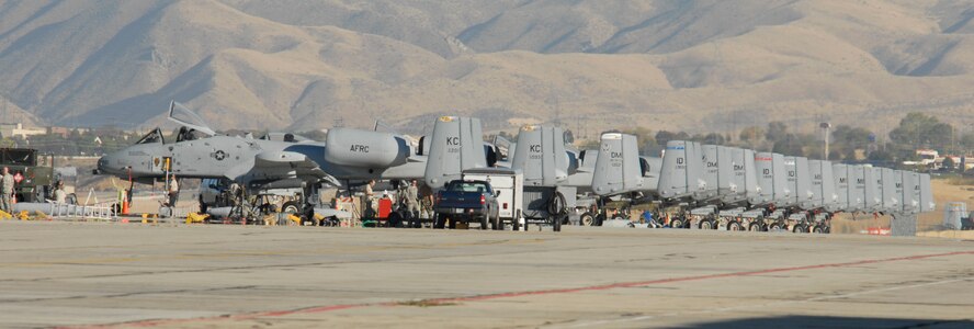 A-10 Thunderbolt IIs from units across the Air Force lined up on the ramp at Gowen Air National Guard Base, Idaho, for Hawgsmoke 2010 Oct. 13 to 16.  Hawgsmoke is a bienial competition among the U.S. Air Force's A-10 squadrons that tests pilots' bombing, gunnery, navigation and aviation skills.  The 2010 competition was hosted by the 124th Fighter Wing, Idaho Air National Guard, at Gowen Air National Guard Base, Idaho.  The 124th FW's 190th Fighter Squadron won the competition just as it did in 2008.  (U.S. Air Force photo/Lt. Col. David Kurle)  