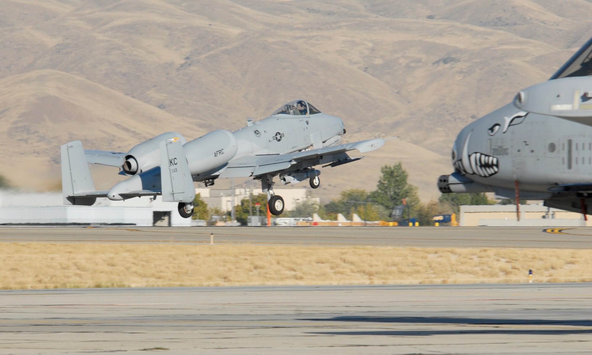 A 442nd Fighter Wing A-10 Thunderbolt II takes off from Gowen Air National Guard Base, Idaho, Oct. 14 on its way to the Sayler Creek Bombing Range, near Boise, during Hawgsmoke 2010.  Hawgsmoke is a bienial competition among the U.S. Air Force's A-10 squadrons that tests pilots' bombing, gunnery, navigation and aviation skills.  The 2010 competition was hosted by the 124th Fighter Wing, Idaho Air National Guard, at Gowen Air National Guard Base, Idaho.  The 124th FW's 190th Fighter Squadron won the competition just as it did in 2008.  (U.S. Air Force photo/Lt. Col. David Kurle)  