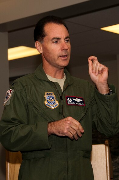 Col. Michael McEnulty, Commander of the 139th Airlift Wing, Missouri Air National Guard, speaks at the Assumption of Command Ceremony for Lt. Col. Seymore Mitchell, Sunday, October 17, 2010, St. Joseph, Mo.  Lt. Col. Mitchell assumes command of the Force Support Squadron.  (U.S. Air Force photo by Airman 1st Class Kelsey Stuart/Released)
