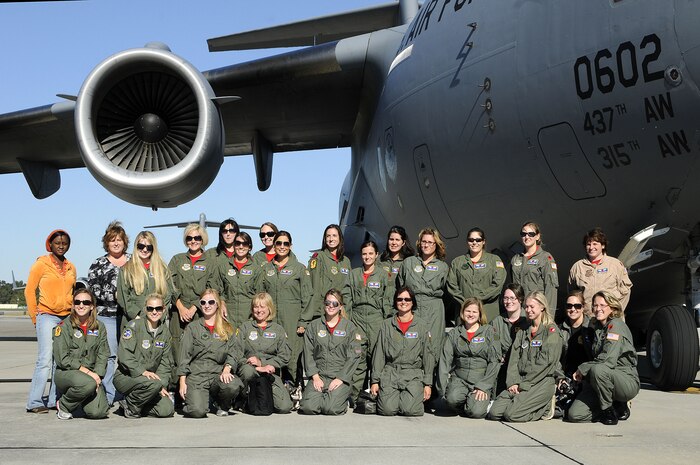 Airlift squadrons from the 437th Operations Group hosted a spouse?s orientation flight, taking more than 60 spouses on a flight from Joint Base Charleston-Air Base to the North training fields onboard a C-17 and allowing them an inside look at training and the daily operations performed by their spouses, Oct. 16. (U.S. Navy photo/Mass Communication Specialist 1st Class Jennifer Hudson)