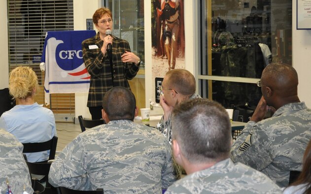 Trudy O'Brien, United Cerebral Palsy of Northwest Florida representative, speaks to Airmen about her organization's mission during the Combined Federal Campaign at the 2010 Team Hurlburt Mid-Campaign Rally at the mini-mall at Hurlburt Field, Fla., Oct. 19, 2010. The CFC runs through Okaloosa and Walton Counties from Oct. 4 through Nov. 12. (DoD photo by U.S. Air Force Airman 1st Class Joe McFadden/Released)