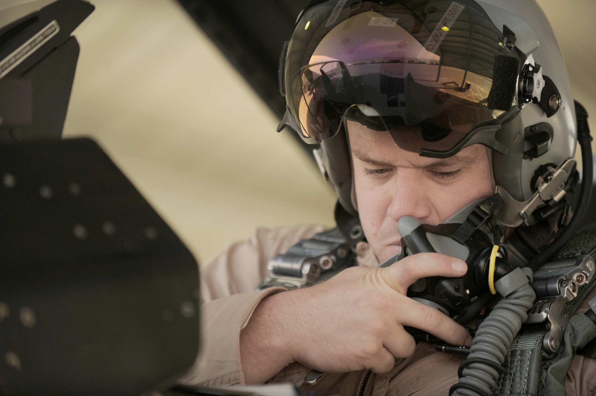 Capt. Ryan Wilmes prepares an F-16 Fighting Falcon for takeoff Oct. 18, 2010, as part Falcon Air Meet 2010 at Azraq Air Base, Jordan. Captain Wilmes is assigned to the 77th Fighter Squadron from Shaw Air Force Base, S.C. (U.S. Air Force photo/Staff Sgt. Eric Harris)