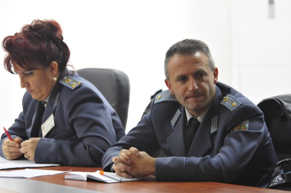 Bulgarian Air Force Officers attend a round-table discussion on the history and future of flight medicine, Oct. 19 at Graf Ignatievo Air Base, Bulgaria. Airmen from the 86th Airlift Wing and 435th Air Ground Operations Wing at Ramstein Air Base, Germany, joined airmen from throughout U.S. Air Forces in Europe in Plovdiv, Bulgaria, for Thracian Fall 2010, an on-site training designed to build the partnership between the U.S. and Bulgarian Air Force. (U.S. Air Force photo by Tech. Sgt. Michael Voss) 


