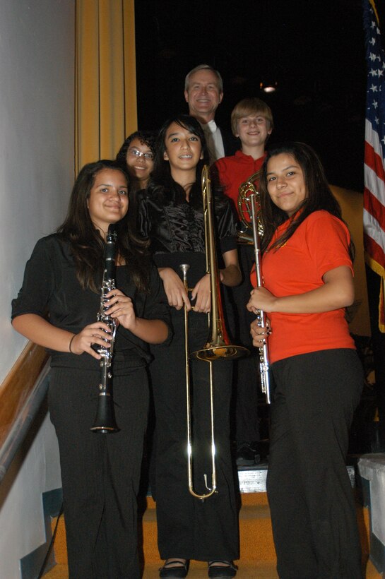 The band’s Educational Outreach program under the direction of Technical Sergeant Nancy Poffenbarger features young music students performing with the band. Selected to play the Air Force Musicians Association March” were Brian Kellermeyer on horn, Tiffany Guillen on flute and Lanisa Dietrich on clarinet from the Anza Trail Middle School Band under the direction of Lou Rodriguez. From the Suhuarita Middle School Band under the direction of Erin Blass were Gabriella Mantica on clarinet and Stefany Paredes on trombone.  