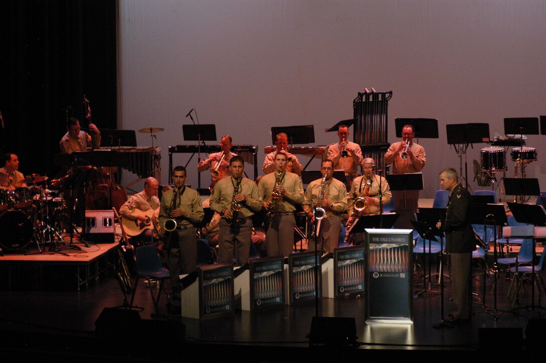 The sax section of the USAF Academy Band Falconaires kicks off the perennial favorite "In the Mood" to wrap up the Big Band portion of the band's performance in Sahuarita, Arizona.