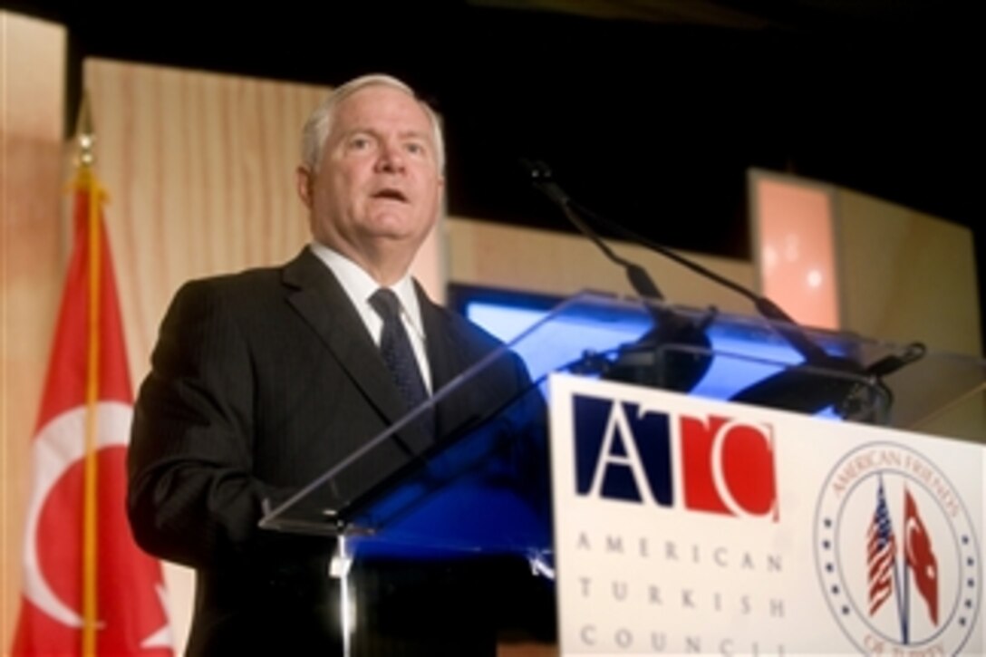 Secretary of Defense Robert M. Gates addresses the audience during the 29th Annual Conference on U.S.-Turkish relations in Washington, D.C., on Oct. 18, 2010.  