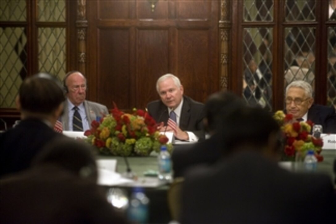 Secretary of Defense Robert M. Gates participates in the U.S. and China Track Two discussions with Former Secretary of State Henry Kissinger (right), Former Secretary of State George Shultz (2nd from left), Former State Councilor for the People's Republic of China Tang Jiaxuan and other members of their delegations in Washington, D.C., on Oct. 18, 2010.  