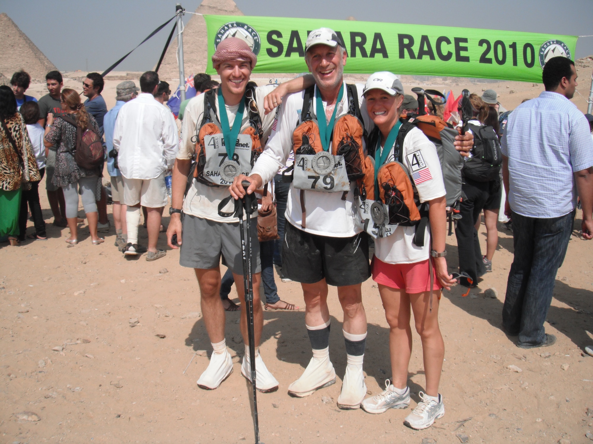 SAHARA DESERT, Egypt - Capt. Carrie Zederkof, a 533rd Training Squadron space-based infrared system mission instructor, her father, Ted Lowe, and brother, Matt Lowe, competed in the 2010 Sahara Race in Egypt from Oct. 3 – 9, 2010. The Sahara Race is a seven-day, six-stage, 250-kilometer/155-mile footrace across the Sahara Desert. (Courtesy photo)