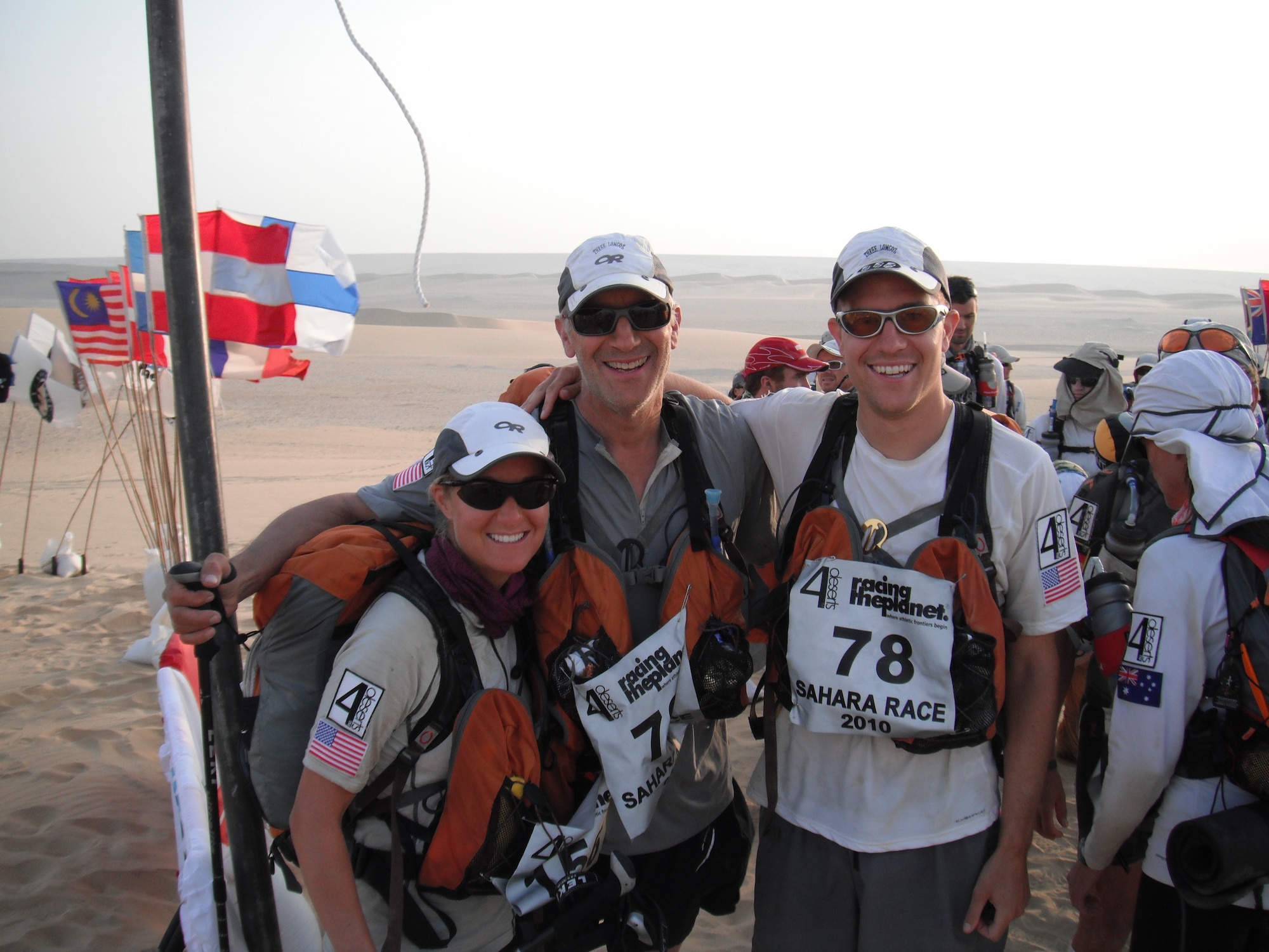 SAHARA DESERT, Egypt - Capt. Carrie Zederkof, a 533rd Training Squadron space-based infrared system mission instructor, her father, Ted Lowe, and brother, Matt Lowe, competed in the 2010 Sahara Race in Egypt from Oct. 3 – 9, 2010. The Sahara Race is a seven-day, six-stage, 250-kilometer/155-mile footrace across the Sahara Desert. (Courtesy photo)