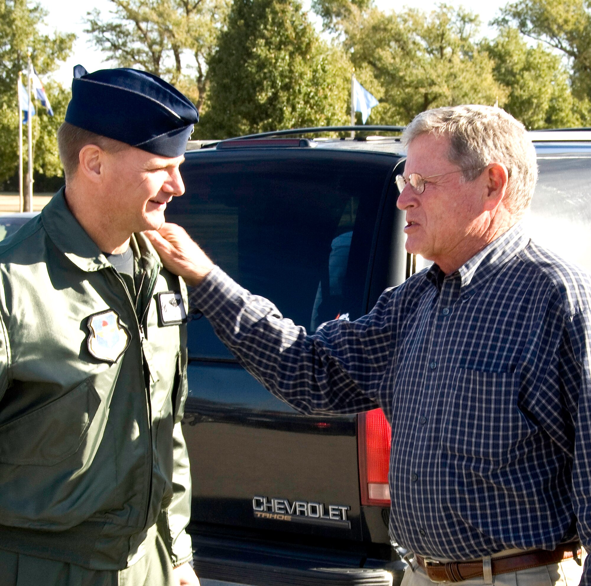 U.S. Senator James Inhofe, right, from Oklahoma, is met at the Vance Collocated Club by Col. Russ Mack, 71st Flying Training Wing commander, during the senator’s visit to the base Oct. 14. Senator Inhofe talked with Airmen at the Club and toured base facilities. (U.S. Air Force photo/ Terry Wasson)