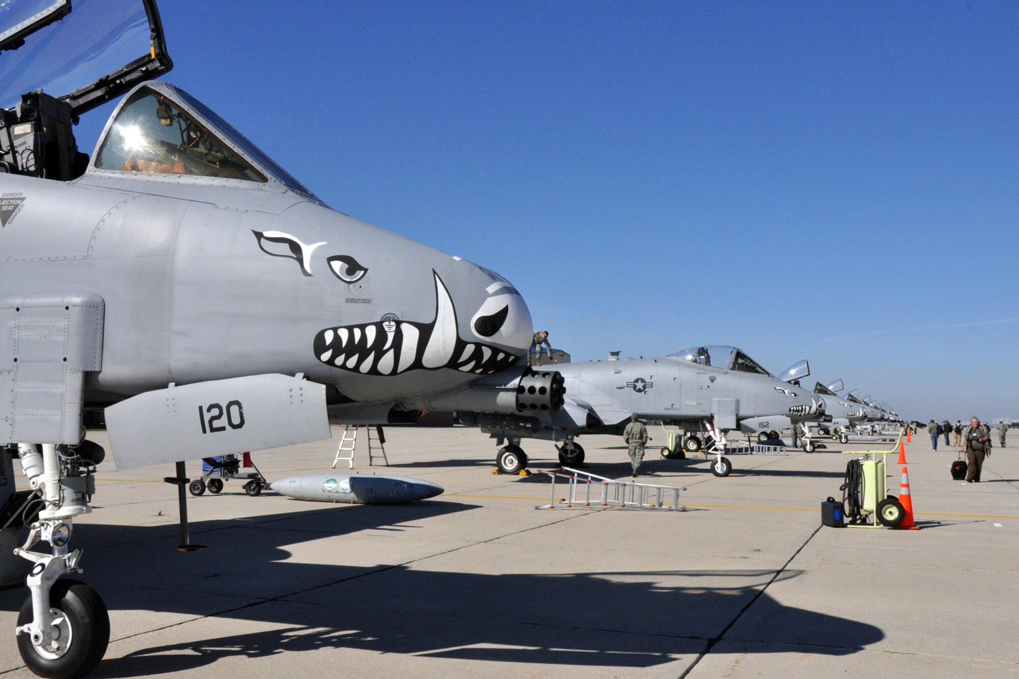 A-10 Thunderbolt II jets from the 47th Fighter Squadron from Barksdale Air Force Base, La., sit on the ramp at Gowen Field in Boise, Idaho, Oct. 13, 2010. Members of the 917th Wing and 47th Fighter Squadron from Barksdale AFB, were in Boise supporting and competing in Hawgsmoke 2010, which is a biennial worldwide A-10 bombing, missile and tactical gunnery competition. (U.S. Air Force photo/Tech. Sgt. Jeff Walston) 