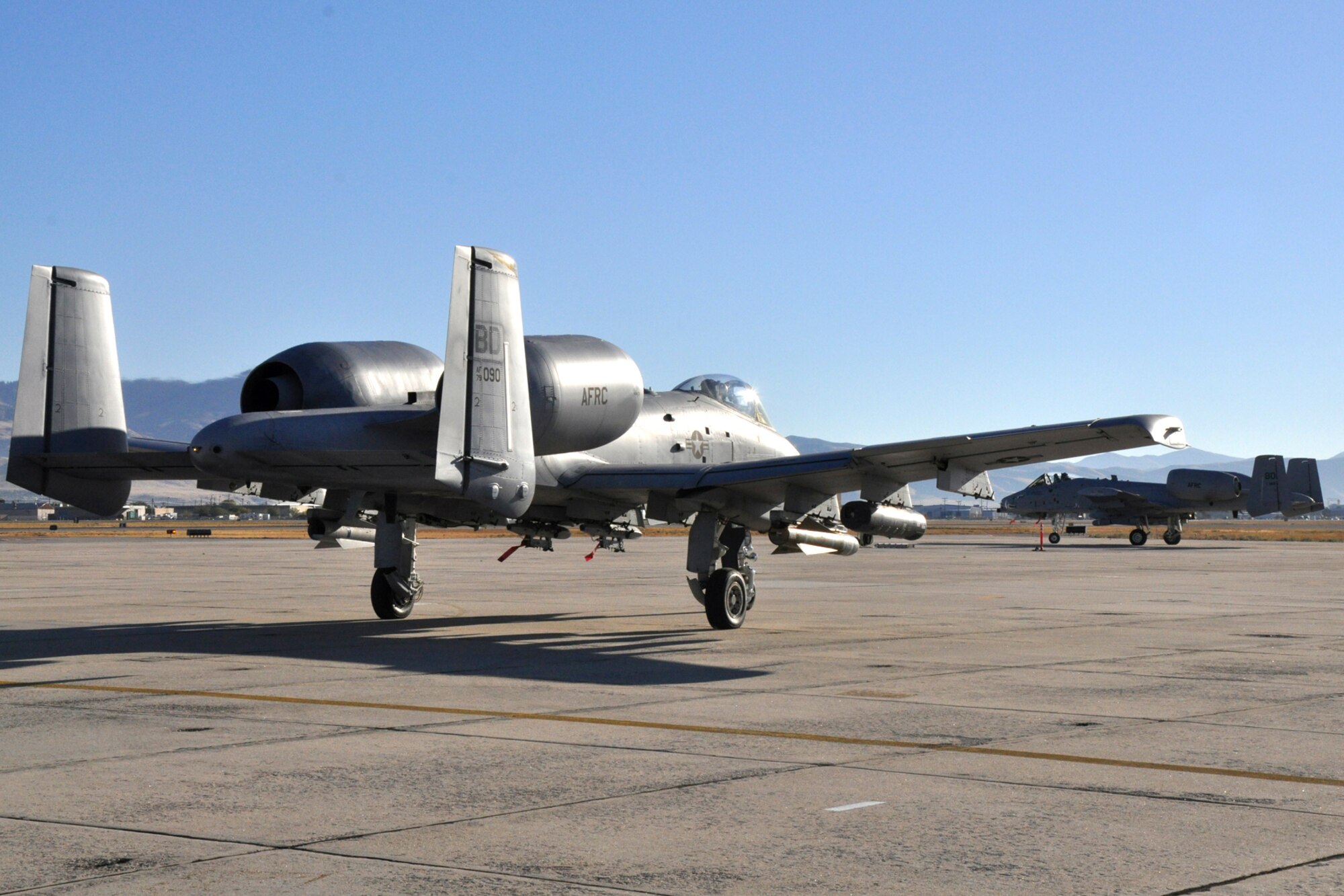 An A-10 Thunderbolt II from the 917th Wing and 47th Fighter Squadron at Barksdale Air Force Base, La., falls into line with other 47th FS jets on the ramp for an orientation flight before the Hawgsmoke 2010 competition in Boise, Idaho, Oct. 13, 2010. Members of the 917th Wing and 47th Fighter Squadron at Barksdale Air Force Base, La., were in Boise supporting and competing in Hawgsmoke 2010, which is a biennial worldwide A-10 bombing, missile and tactical gunnery competition. (U.S. Air Force photo/Tech. Sgt. Jeff Walston) 