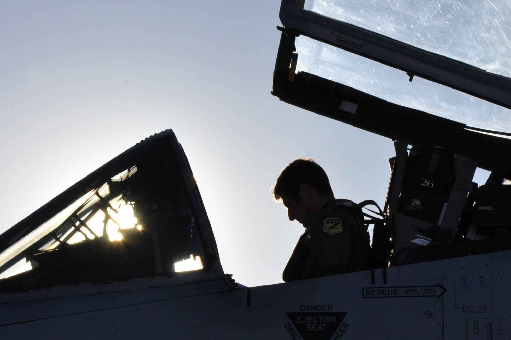 A-10 pilot Capt. Grant McCall performs pre-flight checks for an orientation flight before the Hawgsmoke 2010 competition in Boise, Idaho, Oct. 13, 2010. Captain McCall is an active-associate member assigned to the 47th Fighter Squadron. Members of the 917th Wing and 47th Fighter Squadron at Barksdale Air Force Base, La., were in Boise supporting and competing in Hawgsmoke 2010, which is a biennial worldwide A-10 bombing, missile and tactical gunnery competition. (U.S. Air Force photo/Tech. Sgt. Jeff Walston) 
