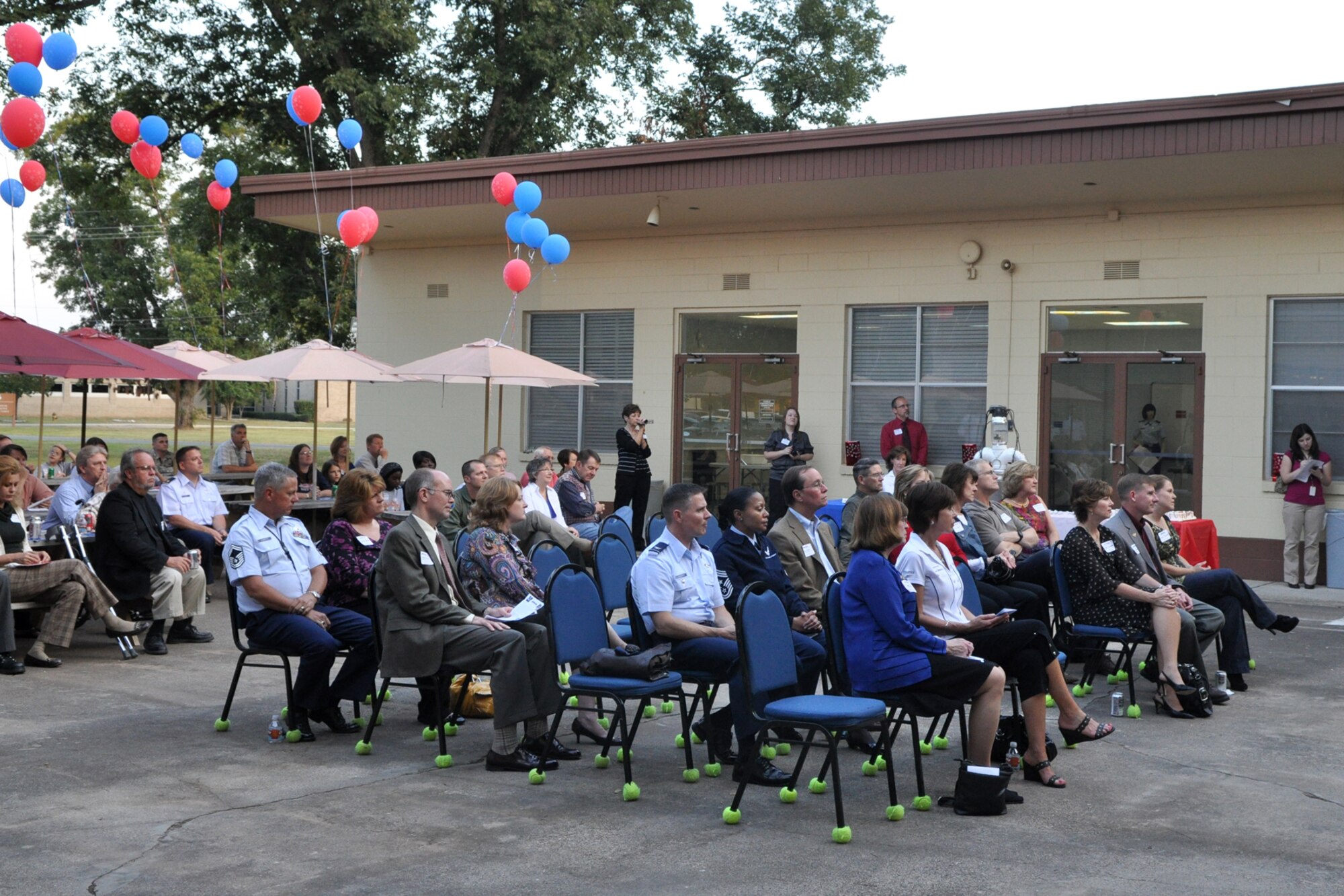 Guests at the grand re-opening celebration at the newly remodeled STARBASE facility listen to former STARBASE Executive Director Sheila Schencke, speak about the future and impact of the STARBASE program at Barksdale Air Force Base, La., Oct. 18, 2010. The 917th Wing at Barksdale AFB, which is a sponsor of the STARBASE program, supplied the lab with 32 refurbished computers for the students use. (U.S. Air Force photo/Tech. Sgt. Jeff Walston)