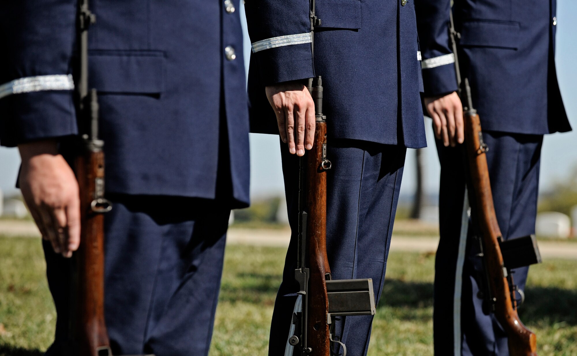 JEFFERSON BARRACKS, MO The Honor Guard firing party stands guard, awaiting directions during a funeral ceremony at the Jefferson Barracks National Cemetery Oct. 15. The Scott Air Force Base Honor Guard performs numerous details for Air Force veterans at this cemetery as well as covering funerals throughout a four state region. Airmen of all ranks and units are assigned to the Honor Guard for four months at a time. (U.S. Air Force photo/ Staff Sgt. Ryan Crane)