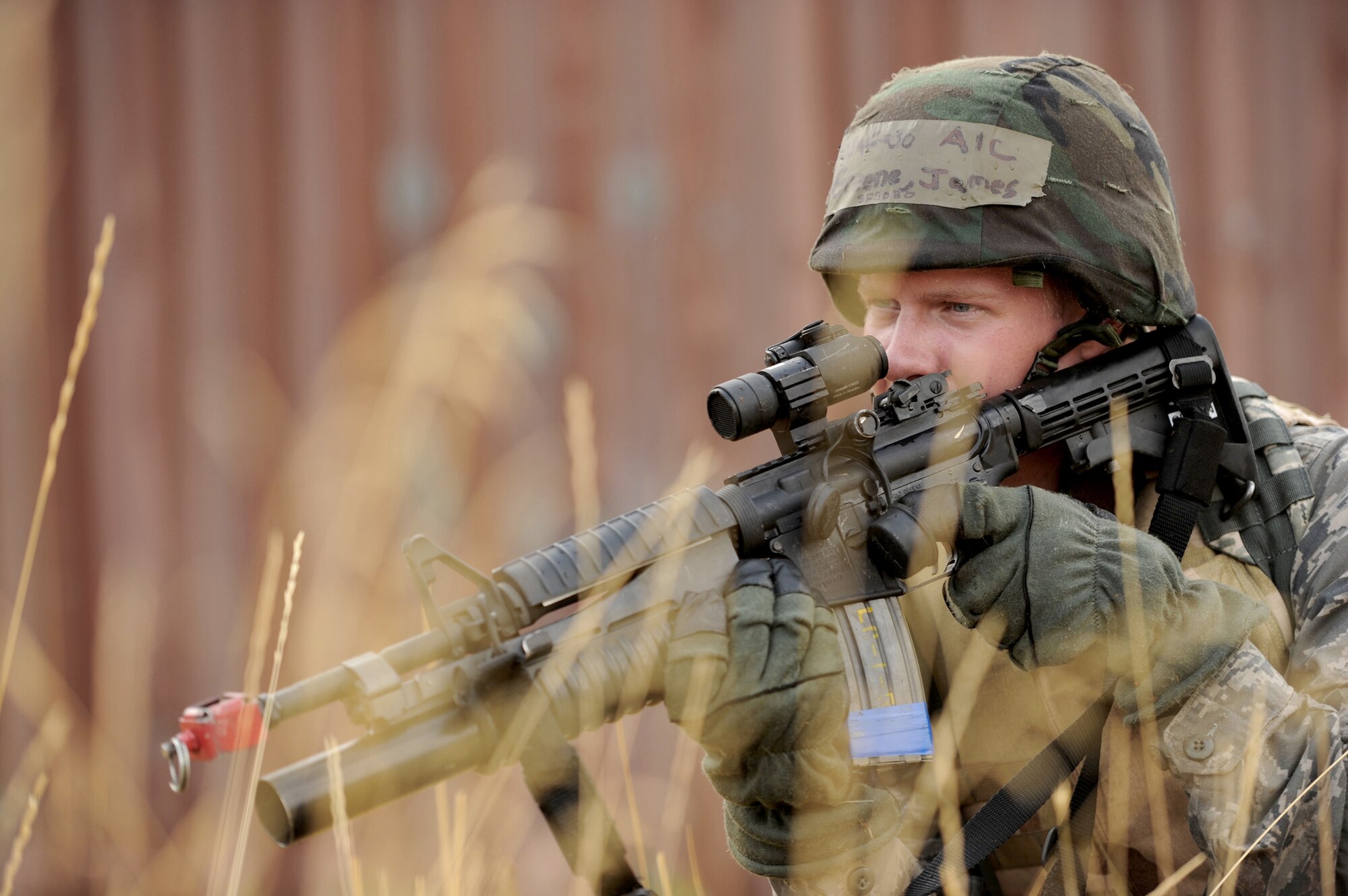 Airman 1st Class James Greene sets up a perimeter during an exercise Oct. 7, 2010, at Hill Air Force Base, Utah.  He is assigned to the 419th Security Forces Squadron.  (U.S. Air Force photo/Airman 1st Class Devin Doskey)