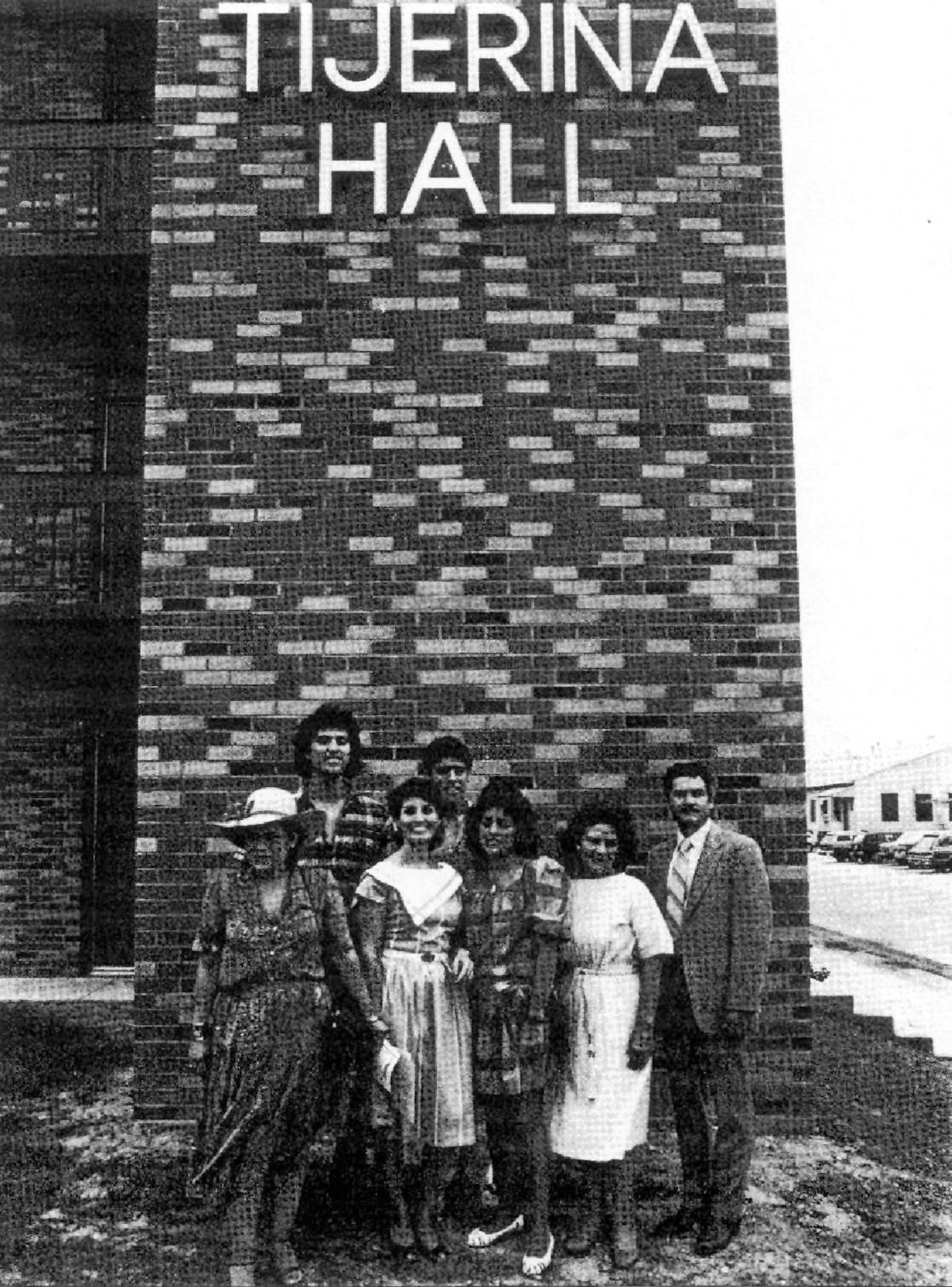 GOODFELLOW AIR FORCE BASE, Texas -- Family members of Capt. Albert Tijerina, Jr., gather in front of a dorm that what named after him in 1985. Capt. Tijerina was a San Angelo native and was killed in action during Vietnam.  From left: Sylvia Tijerina, Albert Tijerina, Jr., Amanda Tijerina, Joseph Tijerina, Debra Tijerina, Belia Skow and Andres Tijerina. (Courtesy photo)