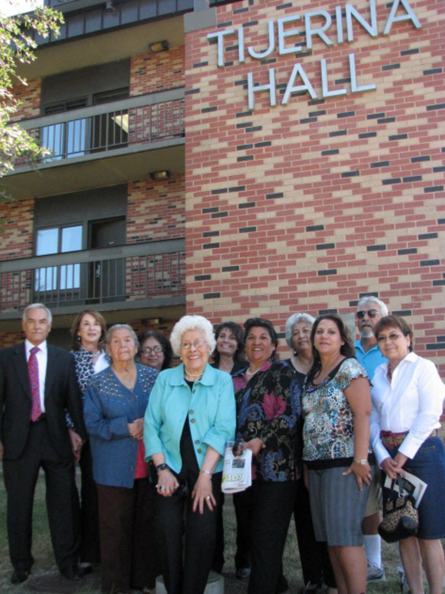 GOODFELLOW AIR FORCE BASE, Texas – Twenty five years later, family members of Capt. Albert Tijerina, Jr., came back to Goodfellow to visit a dorm that was named after him in 1985.  From left: Andres Tijerina, Juanita Tijerina, Elodia Tijerina, Belia Clayton, Dolores Ramirez, Amanda Tijerina, Elva Herrera, Angie Herrera, Debra Lombrana, Robert Herrera and Mary Valera.  (Courtesy photo)