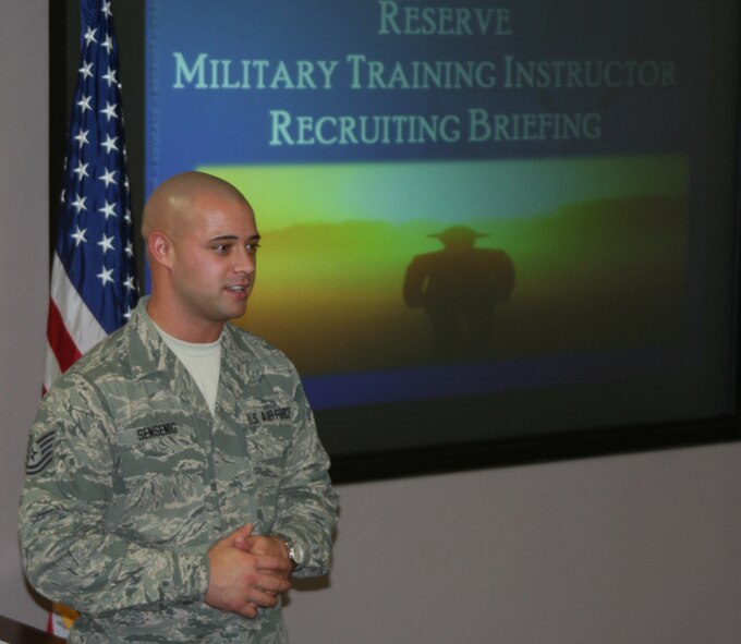 WRIGHT-PATTERSON AIR FORCE BASE, Ohio - Tech. Sgt. Derek Sensenig, 433rd Training Squadron military instructor, presents information about the career field to 445th Airlift Wing reservists Sept. 11. (U.S. Air Force photo/Capt. Caroline Wellman) 