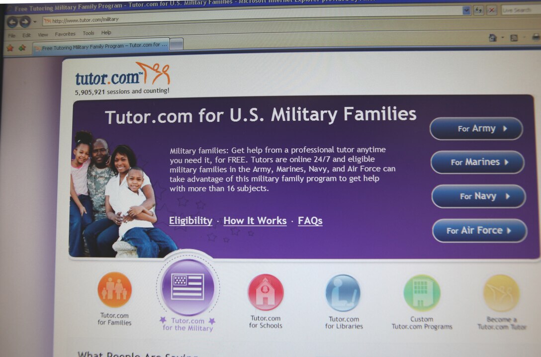 Tutor.com’s homepage for military families is displayed on a computer at Lejeune High School aboard Marine Corps Base Camp Lejeune, recently.  Tutor.com is available worldwide, 24 hours a day, seven days a week, and is free for military dependents in grades kindergarten through 12th grade and service members enrolled in community colleges.