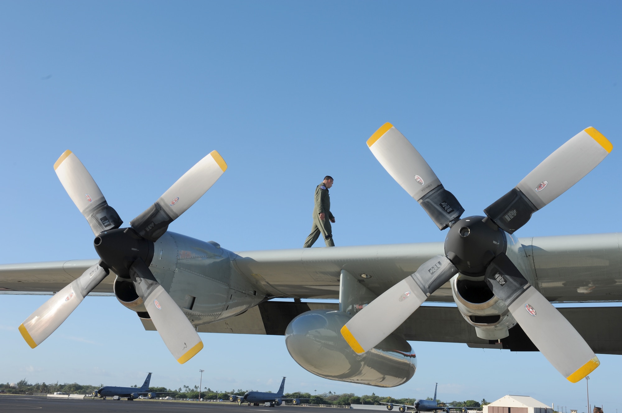 A 109th Aircraft Maintenance Squadron crew chief from Stratton Air National Guard Base, N.Y., performs a pre-flight inspection on an LC-130 Hercules at Joint Base Pearl Harbor-Hickam, Hawaii, Oct. 18, 2010. The LC-130 is headed to Antarctica for Operation Deep Freeze.  (U.S. Air Force photo/Senior Airman Gustavo Gonzalez)