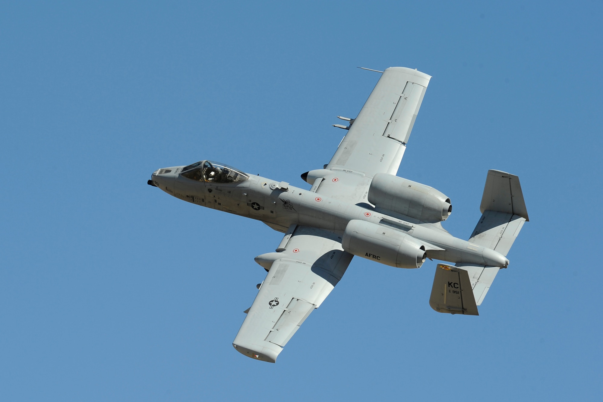 A 107th Fighter Squadron, A-10 Thunderbolt II soars across the sky during Hawgsmoke 2010.  The 107th Fighter Squadron, from 127th Wing at Selfridge Air National Guard Base, Mich., recently participated in the biennial A-10 Thunderbolt II bombing, missile and tactical gunnery competition known as Hawgsmoke.  This year's competition was held at Gowen Air National Guard Base, Boise, Idaho from Oct. 13 to 16.  The competition allows A-10 pilots and maintenance personnel to test their skills through friendly competition.  (USAF Photo by MSgt. Terry Atwell) (Released)