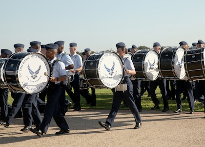 Airmen with the 737th Training Group Drum & Bugle Corps march during the Air Force Basic Military Training graduation Oct. 1. (U.S. Air Force photo/Robbin Cresswell)