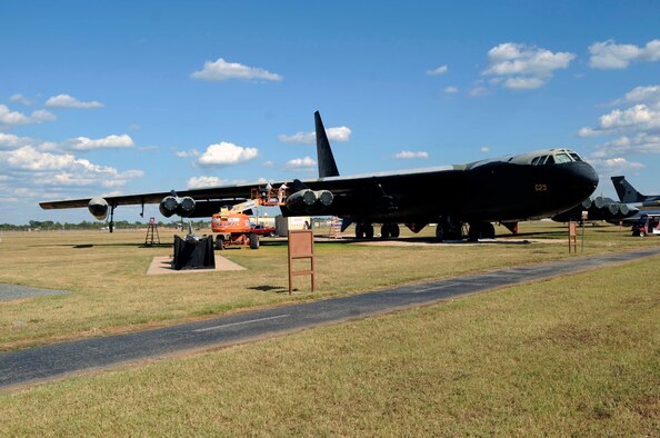 BARKSDALE AIR FORCE BASE, La. -- Many contractors are in the process of restoring a B-52D bomber at the Eighth Air Force Museum. They are working to restore the aircraft to its original paint and condition. This particular bomber flew in Operation Linebacker II during the Vietnam War. (U.S. Air Force photo/Staff Sgt. John Gordinier)