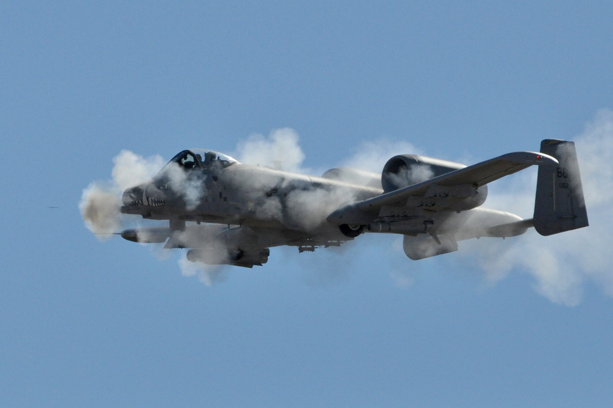 Capt. Jason Cobb fires a volley of 30-millimeter rounds Oct. 14, 2010, at a target on the Saylor Creek Range in Idaho during Hawgsmoke 2010. Captain Cobb is an A-10 Thunderbolt II pilot assigned to the Air Force Reserve Command's 47th Fighter Squadron at Barksdale Air Force Base, La. He earned two personal awards during the competition. (U.S. Air Force photo/Tech. Sgt. Jeff Walston)