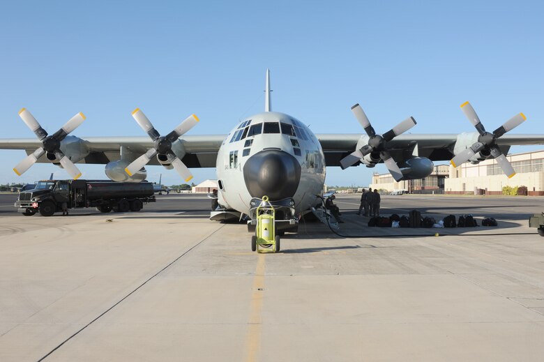 An LC-130 Hercules, equipped with retractable ski-wheels, parks on the flightline Oct. 18, 2010, at Joint Base Pearl Harbor-Hickam, Hawaii. The LC-130 is preparing for a flight to Antarctica to support Operation Deep Freeze. The uniquely-equipped aircraft is necessary for the movement of people and cargo vital to the U.S. Antarctic Program and the National Science Foundation's research and exploration efforts in Antarctica as part of Operation Deep Freeze. (U.S. Air Force photo/Senior Airman Gustavo Gonzalez)