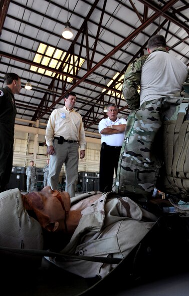 MOODY AIR FORCE BASE, Ga. -- A pararescueman from the 38th Rescue Squadron gives a brief about the capabilities of the Guardian Angels Weapon Systems during an Air Combat Command civic leaders visit here Oct. 18. The civic leaders were divided into four groups and rotated through different squadron demonstrations during their visit. (U.S. Air Force photo by Airman 1st Class Benjamin Wiseman)