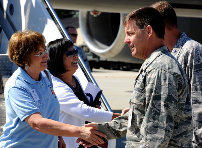 MOODY AIR FORCE BASE, Ga. -- Colonel John Horner, 93rd Air Ground Operations Wing commander, and Col. Gary Henderson, 23rd Wing commander, greet members of the Air Combat Command Commander’s Group during a visit here Oct. 18. Civic leaders from across ACC made the trip to Moody to see the capabilities the base can provide. (U.S. Air Force photo/Airman 1st Class Benjamin Wiseman)