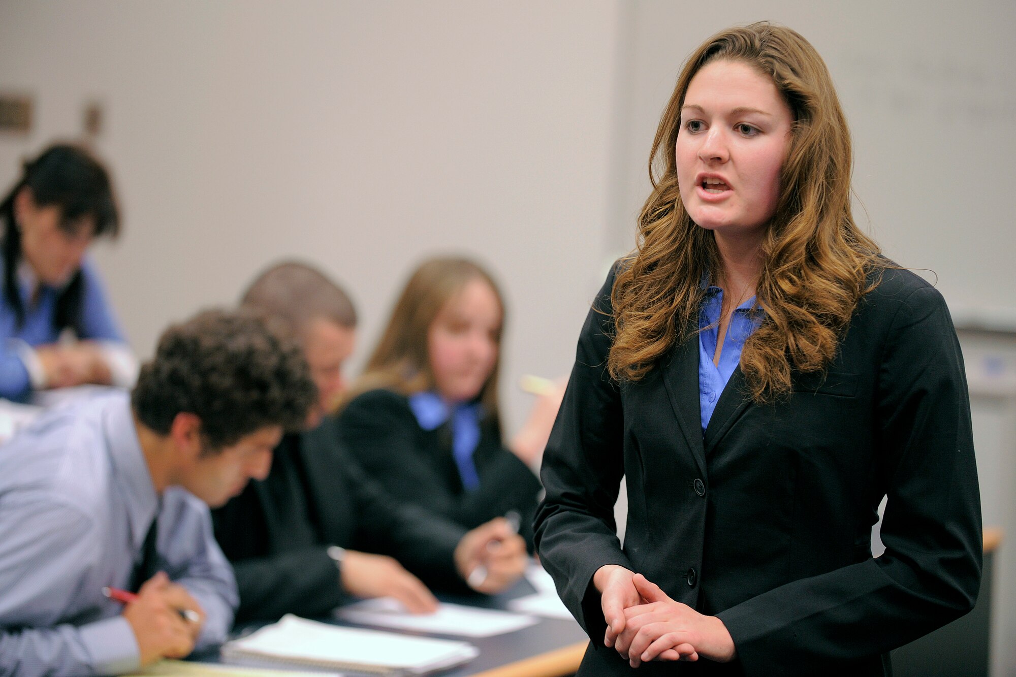 Kaitlin Barker argues a case before a judge during a mock trial at the Air Force Academy Oct. 17, 2010. Ms. Barker is a student at the University of Colorado in Boulder. (U.S. Air Force photo/Mike Kaplan)