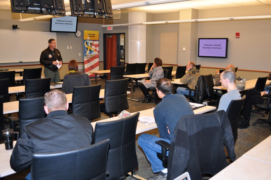 Colonel Frank Stokes starts of day by addressing the attendees of the Veterans Small Business Seminar held at Lake Superior College in Duluth, MN, on Wednesday 20, October 2010.  The seminar was about the different options available to veterans and current military members on how to start their own business.  (U.S. Air Force photo by SSgt Donald Acton)