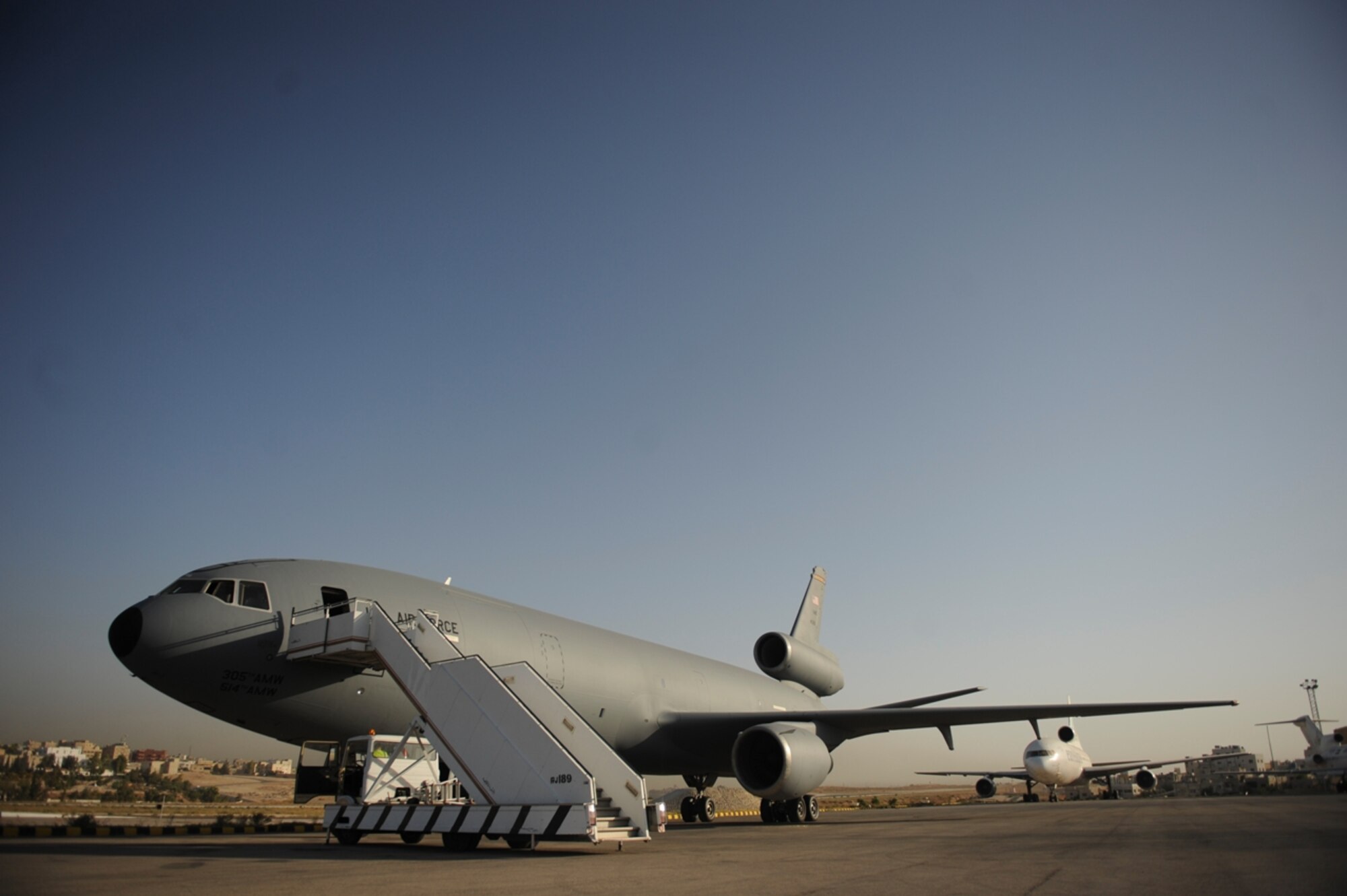 A U.S. Air Force KC-10 Extender from the 2nd Air Refueling Squadron at Joint Base McGuire, N.J. prepares for an air refueling mission as part of The Falcon Air Meet 2010 near Azraq Air Base, Jordan, Oct. 20, 2010.  The purpose of The Falcon Air Meet is to improve international military relations and joint air operations.  (U.S. Air Force Photo/Staff Sgt. Eric Harris)