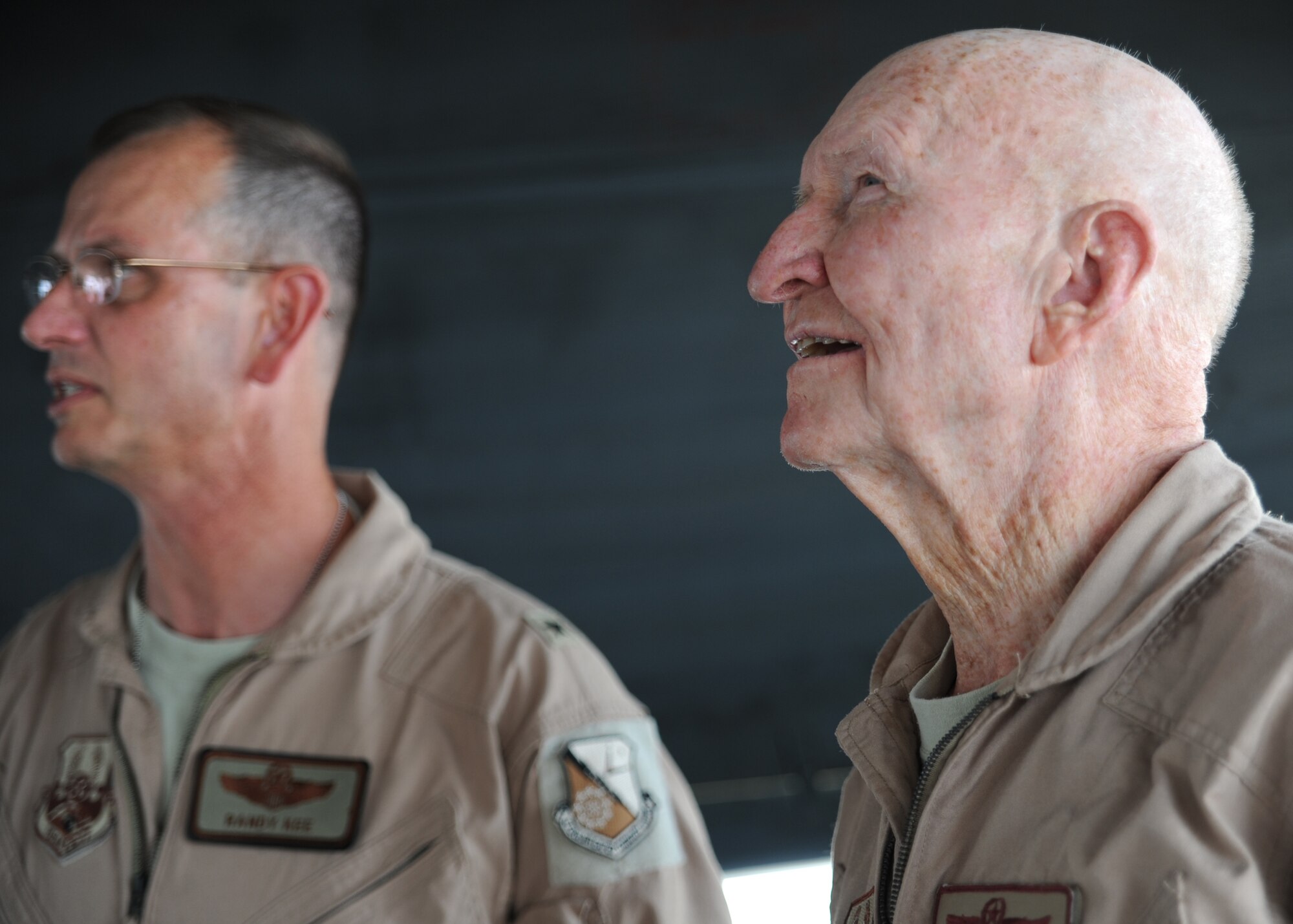 Retired Col. Gail Halvorsen, the "Candy Bomber," looks at the  B-1B during a briefing at an undisclosed location in Southwest Asia, Oct. 21. Colonel Halvorsen is known for his role in starting goodwill airlift. (U.S. Air Force photo/Senior Airman Katie Gieratz)(RELEASED)