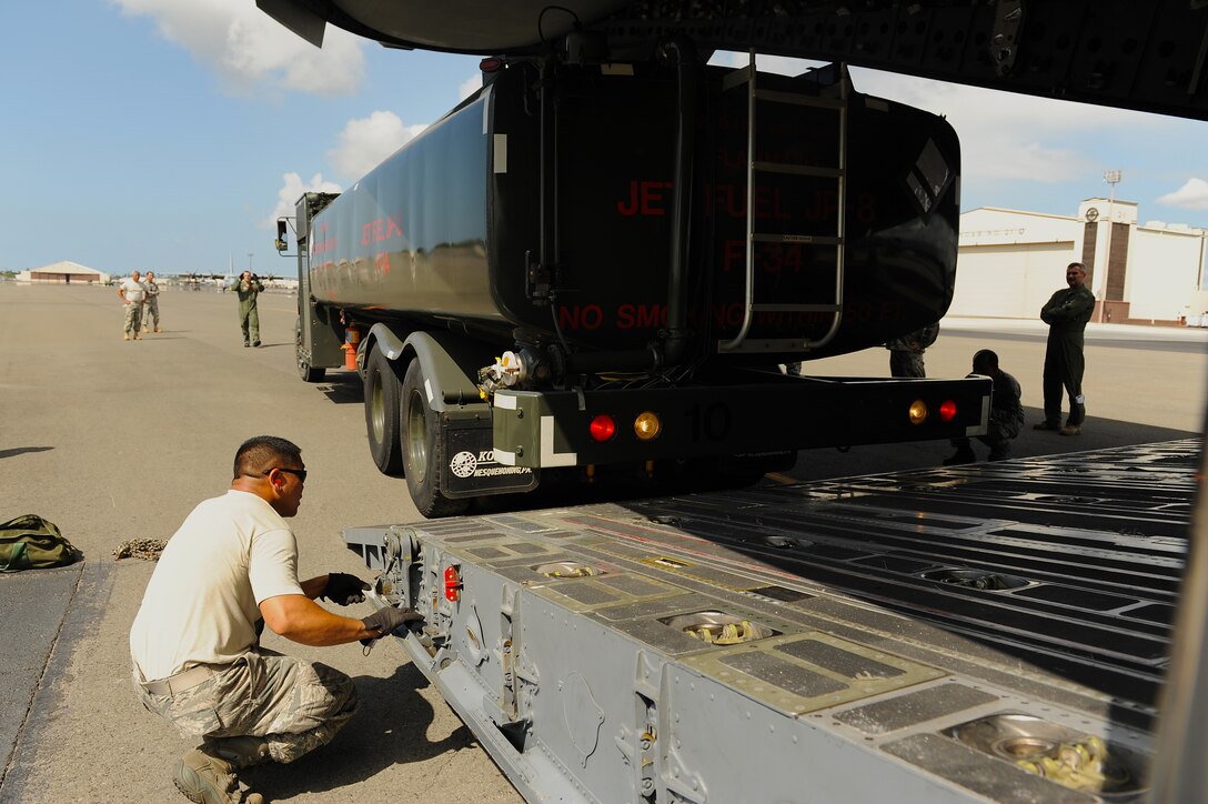 JOINT BASE PEARL HARBOR-HICKAM, Hawaii -- Airmen work to load a C-17 Globemaster III during Beverly Kahuna 2010-F, an Initial Response Readiness Exercise Oct. 20-21. During the exercise, more than 200 Airmen were processed through a deployment line, eight C-17 missions were generated and 140 short tons of cargo was moved while practicing the "deployment machine." This exercise concentrated on the basic "blocking and tackling" of getting cargo and people downrange. (U.S. Air Force photo/Staff Sgt. Mike Meares) 