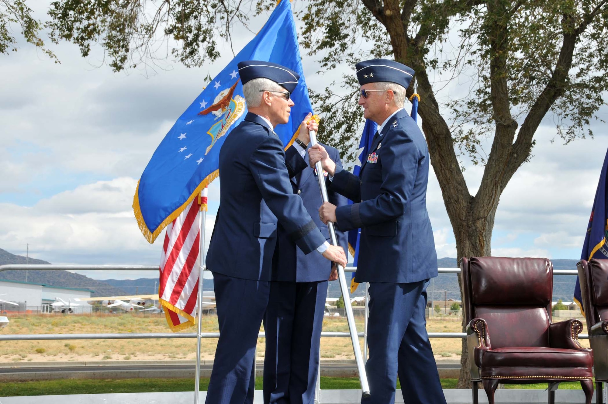 The Assistant Vice Chief of Staff of the Air Force Lt. Gen. William L. Shelton gives command of the Air Force Operational Test and Evaluation Center to Maj. Gen. David J. Eichhorn.
