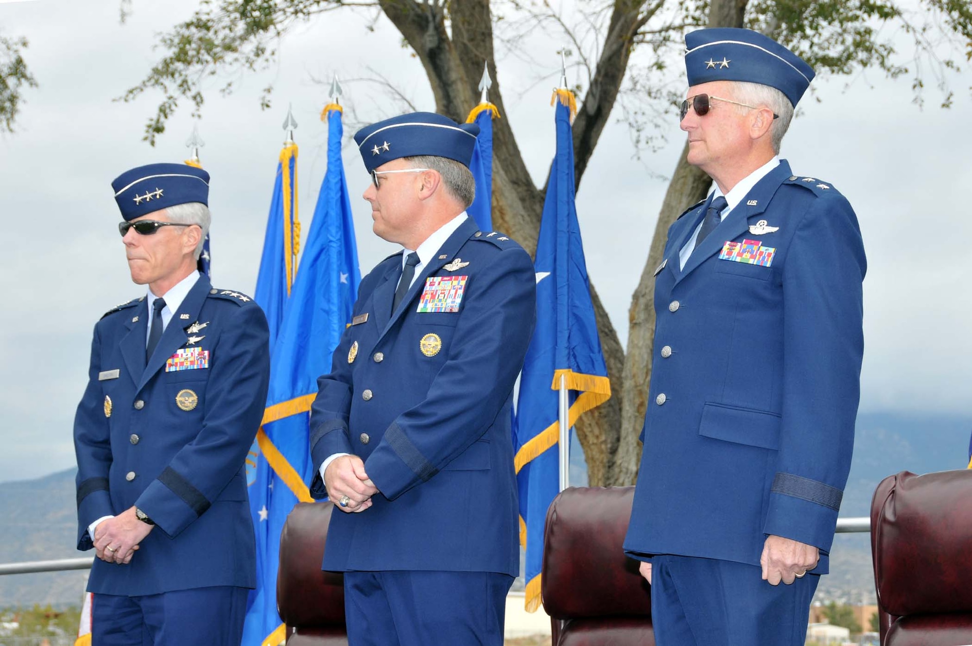(Left to right) The official party for the Air Force Operational Test and Evaluation Center Change of Command included Assistant Vice Chief of Staff of the Air Force Lt. Gen. William L. Shelton, outgoing AFOTEC Commander Maj. Gen. Stephen T. Sargeant, and incoming AFOTEC Commander Maj. Gen. David J. Eichhorn.
