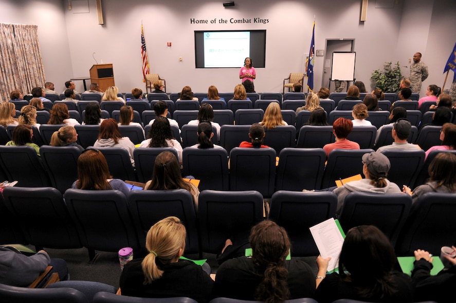 MOODY AIR FORCE BASE, Ga. --Rhonda Robinson, military spouse, welcomes the attending spouses to the 23rd Maintenance Group Spouse’s Orientation Day here Oct. 22. Approximately 180 spouses came to the base to the base to participate in Spouse’s Orientation Day. (U.S. Air Force photo by Airman 1st Class Benjamin Wiseman)
