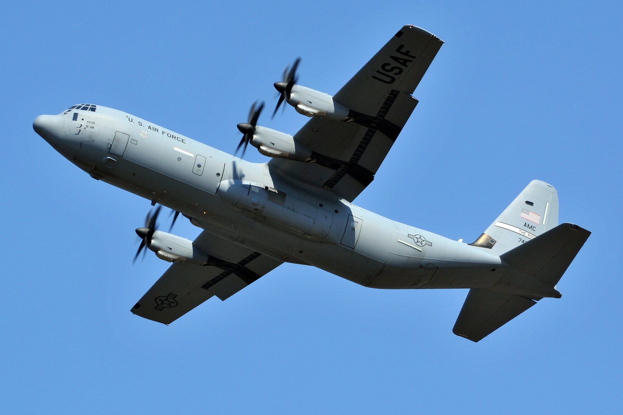 A C-130J aircraft demonstrates its capabilities during an exercise performance on the base flightline Oct. 10.   Approximately 225,000 guests attended the Thunder Over the Rock air show which had more than five hours of flying demonstrations and more than 40 static displays. (U.S. Air Force photo by Staff Sgt. Chris Willis)