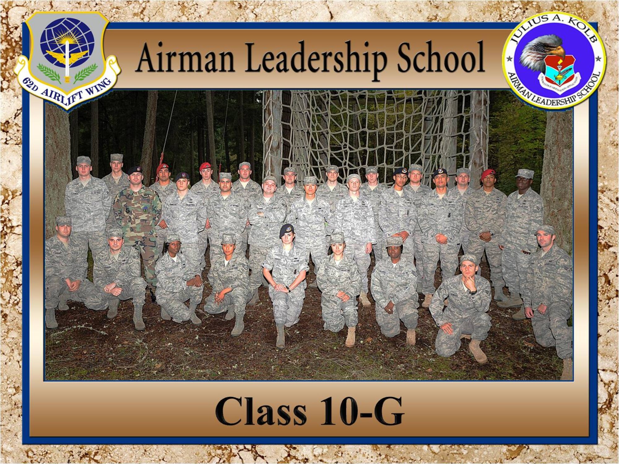 Airmen from Class 10-G at Airman Leadership School pose for a class photo. The class graduated Oct. 21 at McChord Field, making them eligible to become Non Commissioned Officers and leaders. (U.S. Air Force Photo) 