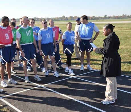 WRIGHT-PATTERSON AIR FORCE BASE, Ohio – 445th Airlift Wing reservists listen to last minute instructions before the run portion of the physical fitness test during the Oct. 10 unit training assembly. (U.S. Air Force photo/Senior Airman Mikhail Berlin)