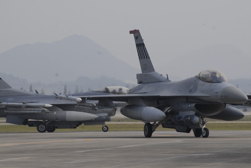F-16 Fighting Falcon aircraft assigned to the 36th Fighter Squadron at Osan Air Base, Republic of Korea, return to Kwangju AB, ROK following a sortie Oct. 20 during exercise Max Thunder 10-2. (U.S. Air Force photo/Staff Sgt. Eric Burks)