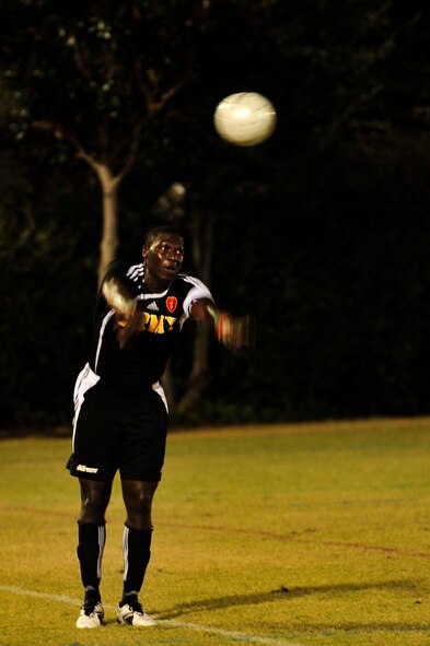 U.S. Army Staff Sgt. Greg McLean, a USA soccer team defender, throws in a ball during an Armed Forces Men's Soccer Championship Round Robin match against the U.S. Marine Corps at Morgan Sports Complex, Destin, Fla., Oct. 20, 2010. The Armed Forces Championships are conducted by the Armed Forces Sports council for the purpose of promoting, understanding, goodwill, and competition among the Armed Services. Sergeant McLean is stationed at Wheeler Army Airfield, Hawaii. (DoD Photo by Staff Sgt. Stephanie Jacobs/RELEASED)