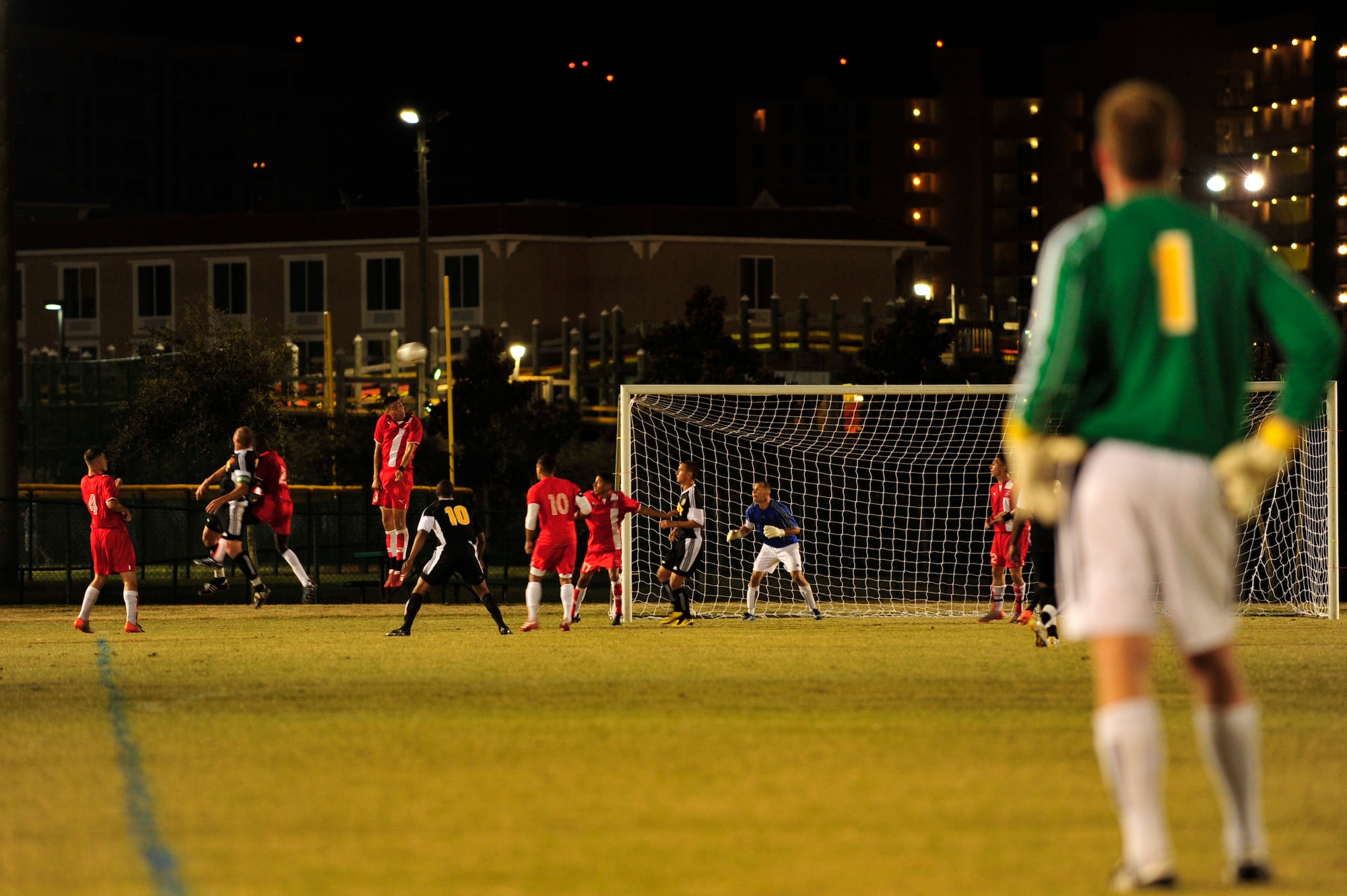 U.S. Army Capt. Matthew Wesmiller, goalie for the USA soccer team, watches a play during an Armed Forces Men's Soccer Championship Round Robin match against the U.S. Marine Corps at Morgan Sports Complex, Destin, Fla., Oct. 20, 2010. The Armed Forces Championships are conducted by the Armed Forces Sports council for the purpose of promoting, understanding, goodwill, and competition among the Armed Services. Captain Wesmiller is stationed at Ansbach, Germany. (DoD Photo by Staff Sgt. Stephanie Jacobs/RELEASED)
