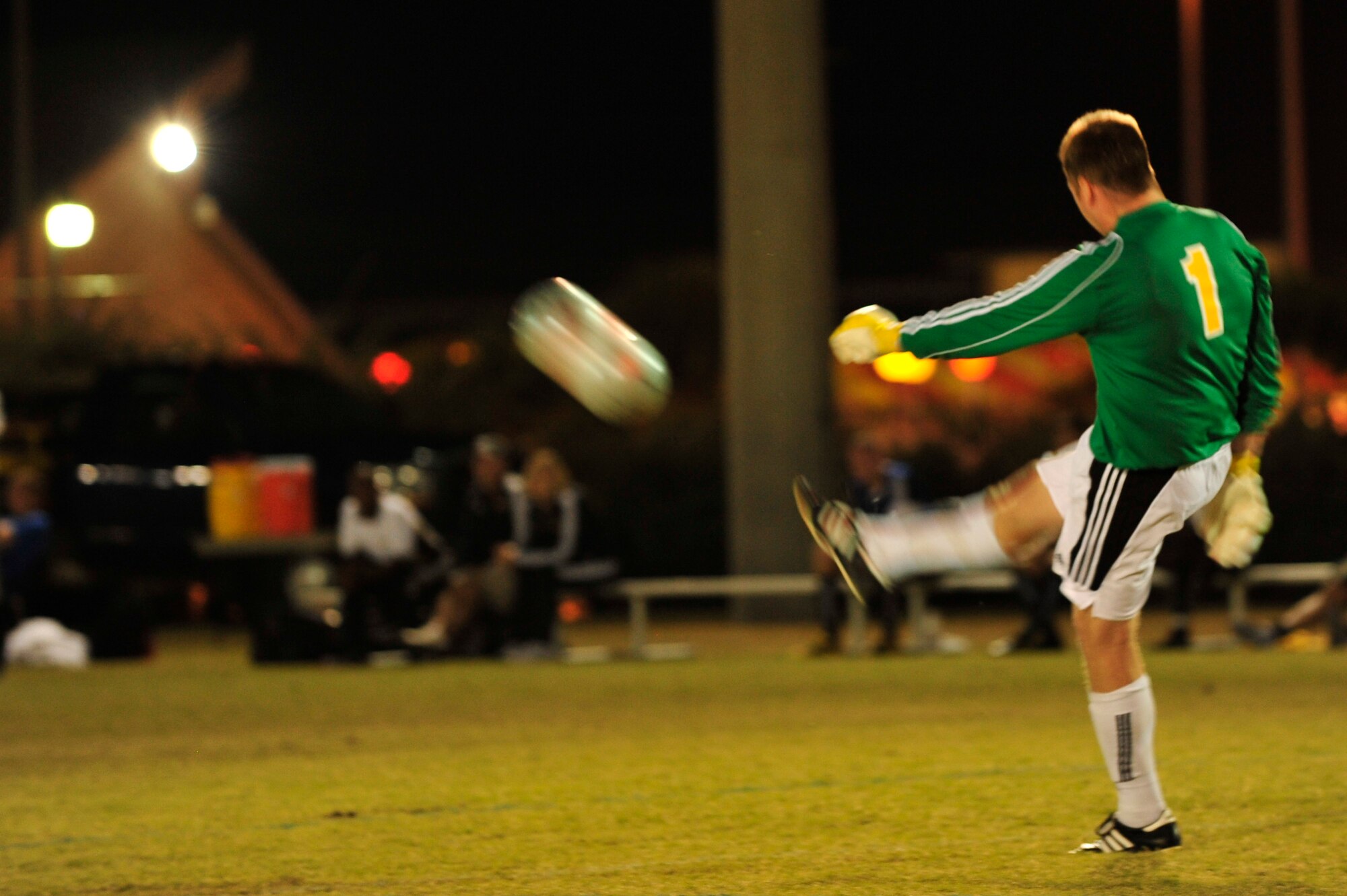 U.S. Army Capt. Matthew Wesmiller, goalie for the USA soccer team, kicks the ball back into play during an Armed Forces Men's Soccer Championship Round Robin match against the U.S. Marine Corps at Morgan Sports Complex, Destin, Fla., Oct. 20, 2010. The Armed Forces Championships are conducted by the Armed Forces Sports council for the purpose of promoting, understanding, goodwill, and competition among the Armed Services. Captain Wesmiller is stationed at Ansbach, Germany. (DoD Photo by Staff Sgt. Stephanie Jacobs/RELEASED)
