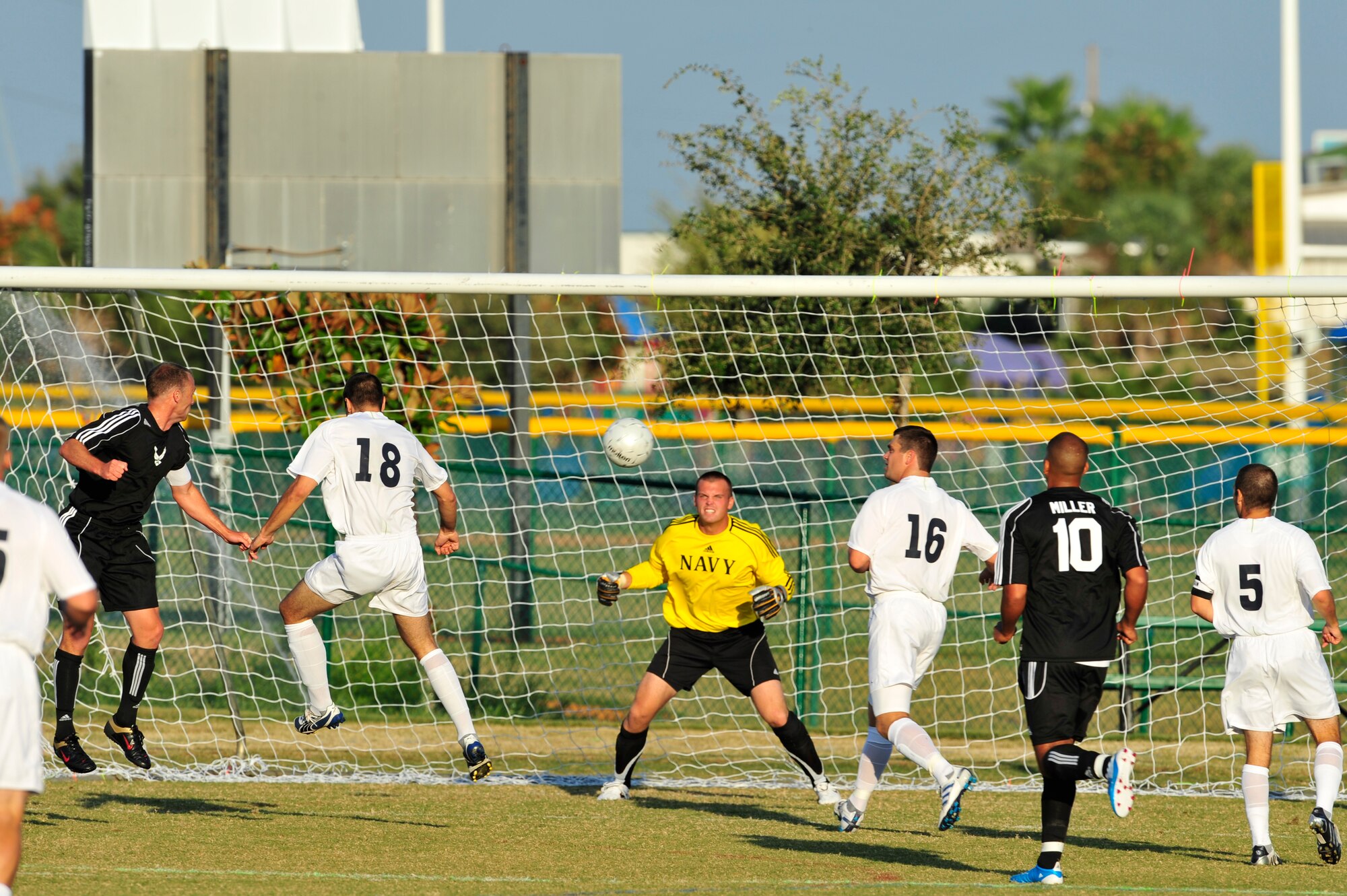 U.S. Navy Aviation Structural Mechanic Airman James Fenner, goalie for the USN soccer team, defends his goal during an Armed Forces Men's Soccer Championship Round Robin match against the U.S. Air Force at Morgan Sports Complex, Destin, Fla., Oct. 20, 2010. The Armed Forces Championships are conducted by the Armed Forces Sports council for the purpose of promoting, understanding, goodwill, and competition among the Armed Services. (DoD Photo by Staff Sgt. Stephanie Jacobs/RELEASED)
